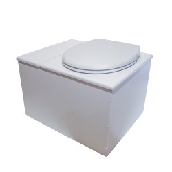 Toilette sèche avec bac à copeaux de bois. bois blanc, abattant avec réducteur enfant, bavette inox et seau 22L plastique