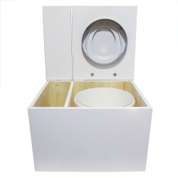 Toilette sèche avec bac à copeaux de bois. bois blanc, abattant avec réducteur enfant, bavette inox et seau 22L plastique