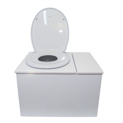 Toilette sèche avec bac à copeaux à droite. bois blanc, abattant avec réducteur enfant, bavette inox et seau 22L plastique