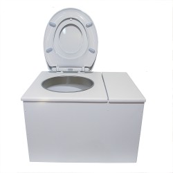 Toilette sèche avec bac à copeaux à droite. bois blanc, abattant avec réducteur enfant, bavette inox et seau 22L plastique
