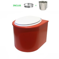 Toilette sèche en bois arrondie rouge avec seau inox et bavette inox. Abattant blanc