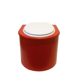 Toilette sèche en bois arrondie rouge avec seau inox et bavette inox. Abattant blanc Toilette sèche en bois arrondie rouge avec seau inox et bavette inox. Abattant blanc