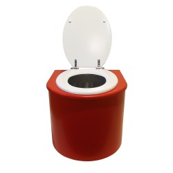 Toilette sèche en bois arrondie rouge avec seau inox et bavette inox. Abattant blanc Toilette sèche en bois arrondie rouge avec seau inox et bavette inox. Abattant blanc