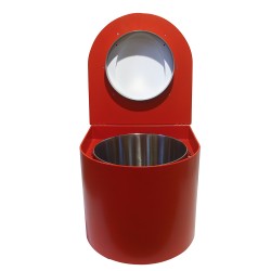Toilette sèche en bois arrondie rouge avec seau inox et bavette inox. Abattant blanc Toilette sèche en bois arrondie rouge avec seau inox et bavette inox. Abattant blanc