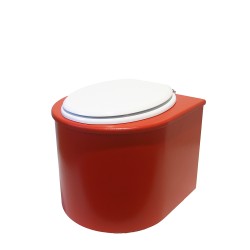 Toilette sèche en bois arrondie rouge avec seau inox et bavette inox. Abattant blanc Toilette sèche en bois arrondie rouge avec seau inox et bavette inox. Abattant blanc