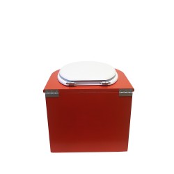 Toilette sèche en bois arrondie rouge avec seau inox et bavette inox. Abattant blanc Toilette sèche en bois arrondie rouge avec seau inox et bavette inox. Abattant blanc