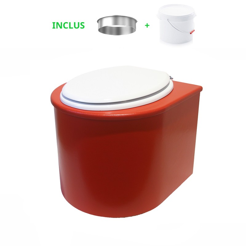 Toilette sèche en bois arrondie rouge avec seau plastique de 22L et bavette inox. Abattant blanc Toilette sèche en bois arrondie rouge avec seau plastique de 22L et bavette inox. Abattant blanc
