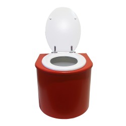 Toilette sèche en bois arrondie rouge avec seau plastique de 22L et bavette inox. Abattant blanc Toilette sèche en bois arrondie rouge avec seau plastique de 22L et bavette inox. Abattant blanc