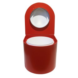 Toilette sèche en bois arrondie rouge avec seau plastique de 22L et bavette inox. Abattant blanc Toilette sèche en bois arrondie rouge avec seau plastique de 22L et bavette inox. Abattant blanc