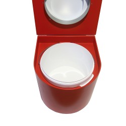 Toilette sèche en bois arrondie rouge avec seau plastique de 22L et bavette inox. Abattant blanc Toilette sèche en bois arrondie rouge avec seau plastique de 22L et bavette inox. Abattant blanc