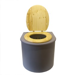 Toilette sèche en bois arrondie grise avec seau inox et bavette inox. Abattant bois huilé