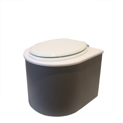 Toilette sèche en bois arrondie gris/blanc avec seau inox et bavette inox. Abattant bois blanc
