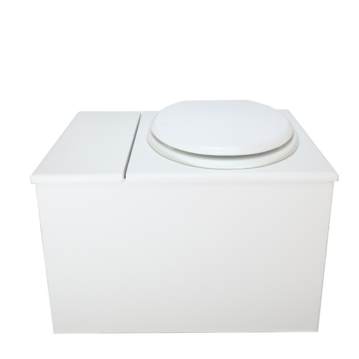  Toilette sèche avec bac à copeaux de bois blanche. Livré complet avec bavette inox et seau 22 litres