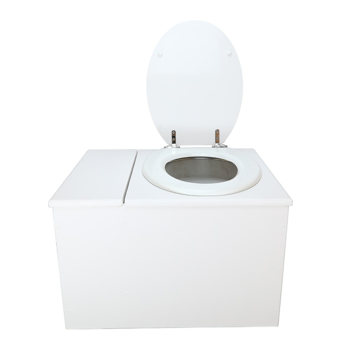  Toilette sèche avec bac à copeaux de bois blanche. Livré complet avec bavette inox et seau 22 litres