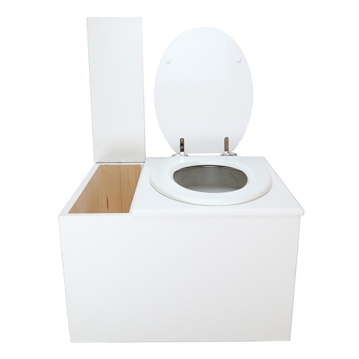  Toilette sèche avec bac à copeaux de bois blanche. Livré complet avec bavette inox et seau 22 litres