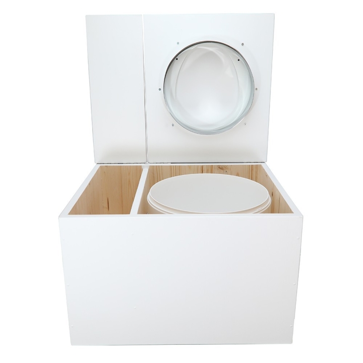  Toilette sèche avec bac à copeaux de bois blanche. Livré complet avec bavette inox et seau 22 litres