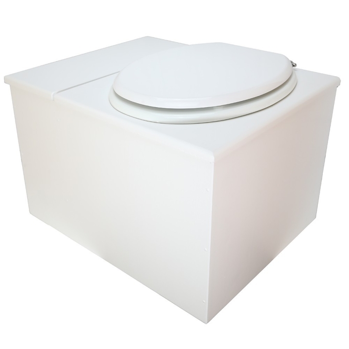  Toilette sèche avec bac à copeaux de bois blanche. Livré complet avec bavette inox et seau 22 litres