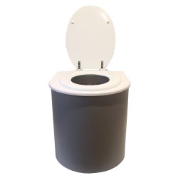 Toilette sèche rehaussée en bois arrondie gris/blanc avec seau inox et bavette inox. Abattant blanc