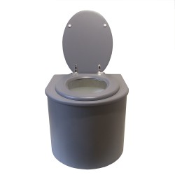 Toilette sèche en bois arrondie grise avec seau 22L plastique et bavette inox. Abattant gris