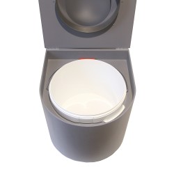 Toilette sèche en bois arrondie grise avec seau 22L plastique et bavette inox. Abattant gris