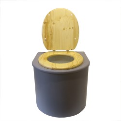Toilette sèche en bois arrondie grise avec seau 22L plastique et bavette inox. Abattant bois huilé
