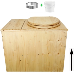 Toilette sèche en bois huilé rehaussée avec bac à copeaux de bois avec bavette inox et seau 20 litres plastique
