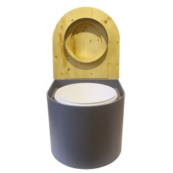 Toilette sèche en bois arrondie gris/huilé avec seau 22L plastique et bavette inox. Abattant bois huilé