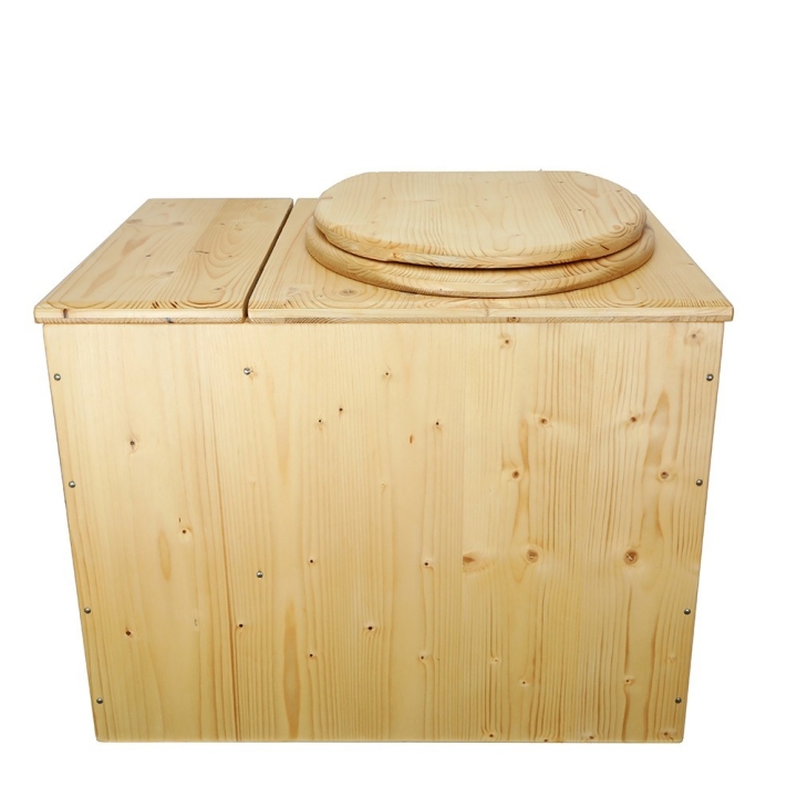  Toilette sèche en bois huilé rehaussée avec bac à copeaux de bois avec bavette inox et seau 20 litres plastique