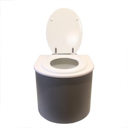 Toilette sèche en bois arrondie gris/blanc avec seau 22L plastique et bavette inox. Abattant blanc