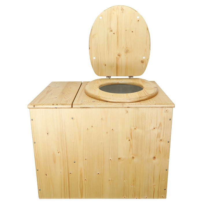  Toilette sèche en bois huilé rehaussée avec bac à copeaux de bois avec bavette inox et seau 20 litres plastique