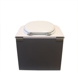Toilette sèche en bois arrondie gris/blanc avec seau 22L plastique et bavette inox. Abattant blanc