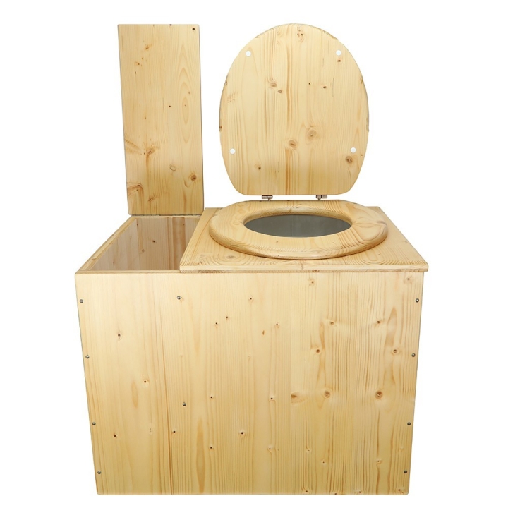  Toilette sèche en bois huilé rehaussée avec bac à copeaux de bois avec bavette inox et seau 20 litres plastique