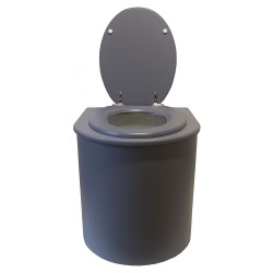Toilette sèche rehaussée en bois arrondie grise avec seau 22L plastique et bavette inox. Abattant gris
