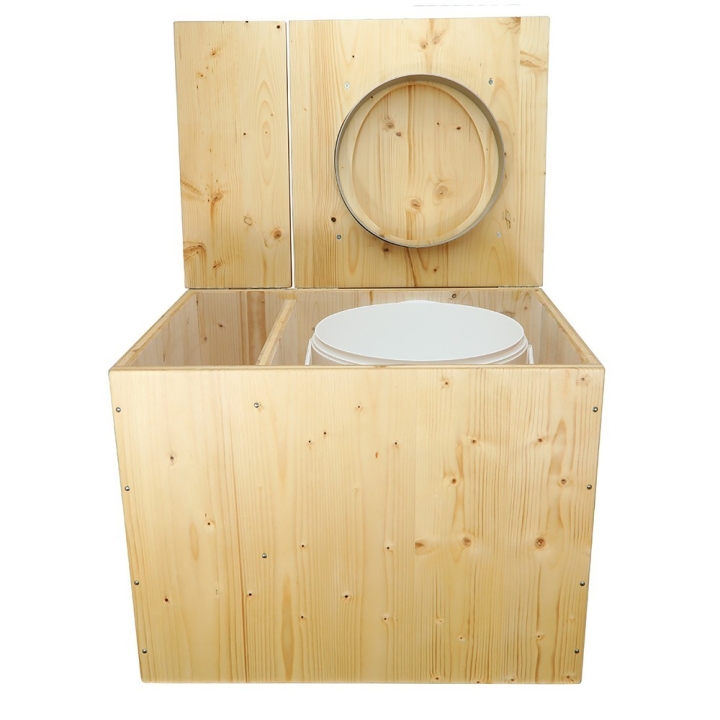  Toilette sèche en bois huilé rehaussée avec bac à copeaux de bois avec bavette inox et seau 20 litres plastique