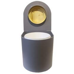 Toilette sèche rehaussée en bois arrondie grise avec seau 22L plastique et bavette inox. Abattant bois huilé
