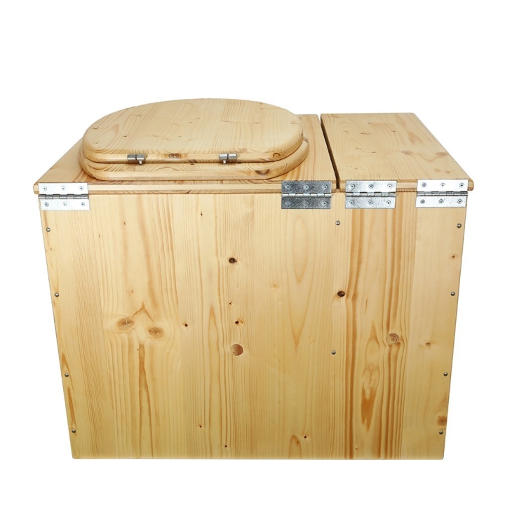  Toilette sèche en bois huilé rehaussée avec bac à copeaux de bois avec bavette inox et seau 20 litres plastique