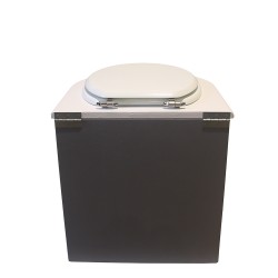 Toilette sèche rehaussée en bois arrondie gris/blanc avec seau 22L plastique et bavette inox. Abattant blanc
