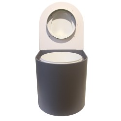 Toilette sèche rehaussée en bois arrondie gris/blanc avec seau 22L plastique et bavette inox. Abattant blanc