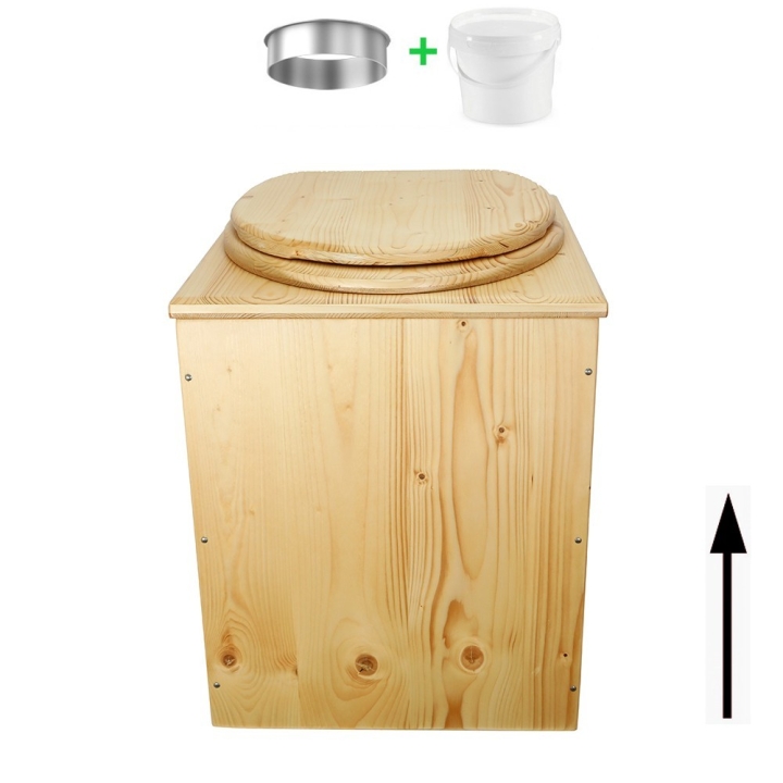 Toilette sèche rehaussée en bois huilé complète avec seau 20 litres et bavette inox