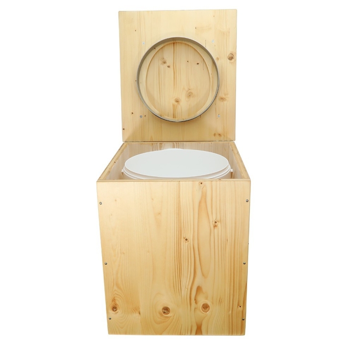  Toilette sèche rehaussée en bois huilé complète avec seau 20 litres et bavette inox