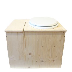 Toilette sèche rehaussée avec bac à copeaux de bois intégré, livré avec bavette inox et seau 22L plastique Abattant blanc