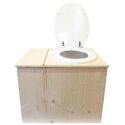 Toilette sèche rehaussée avec bac à copeaux de bois intégré, livré avec bavette inox et seau 22L plastique Abattant blanc