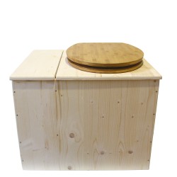 Toilette sèche rehaussée avec bac à copeaux de bois intégré, livré avec bavette inox et seau 22L plastique Abattant bambou