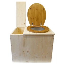 Toilette sèche rehaussée avec bac à copeaux de bois intégré, livré avec bavette inox et seau 22L plastique Abattant bambou