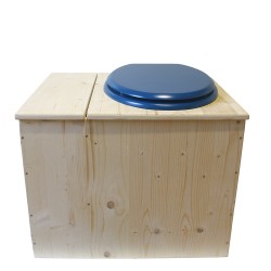 Toilette sèche rehaussée avec bac à copeaux de bois intégré, livré avec bavette inox et seau 22L plastique Abattant bleu