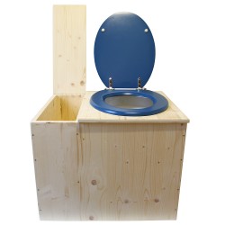 Toilette sèche rehaussée avec bac à copeaux de bois intégré, livré avec bavette inox et seau 22L plastique Abattant bleu
