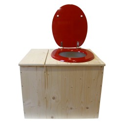 Toilette sèche rehaussée avec bac à copeaux de bois intégré, livré avec bavette inox et seau 22L plastique Abattant rouge