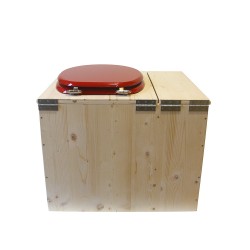 Toilette sèche rehaussée avec bac à copeaux de bois intégré, livré avec bavette inox et seau 22L plastique Abattant rouge