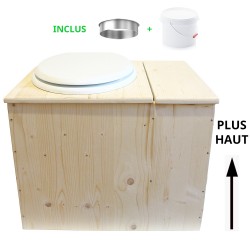 Toilette sèche rehaussée avec bac à copeaux de bois intégré à droite, bavette inox, seau 22L plastique, Abattant blanc