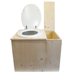 Toilette sèche rehaussée avec bac à copeaux de bois intégré à droite, bavette inox, seau 22L plastique, Abattant blanc